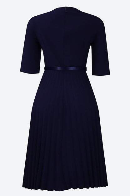Solid Belted Pleated Dress