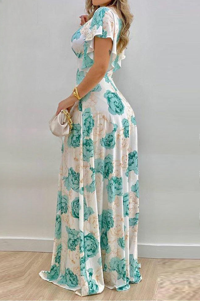 Elegant V-Neck Cinched Waist Print Maxi Dress