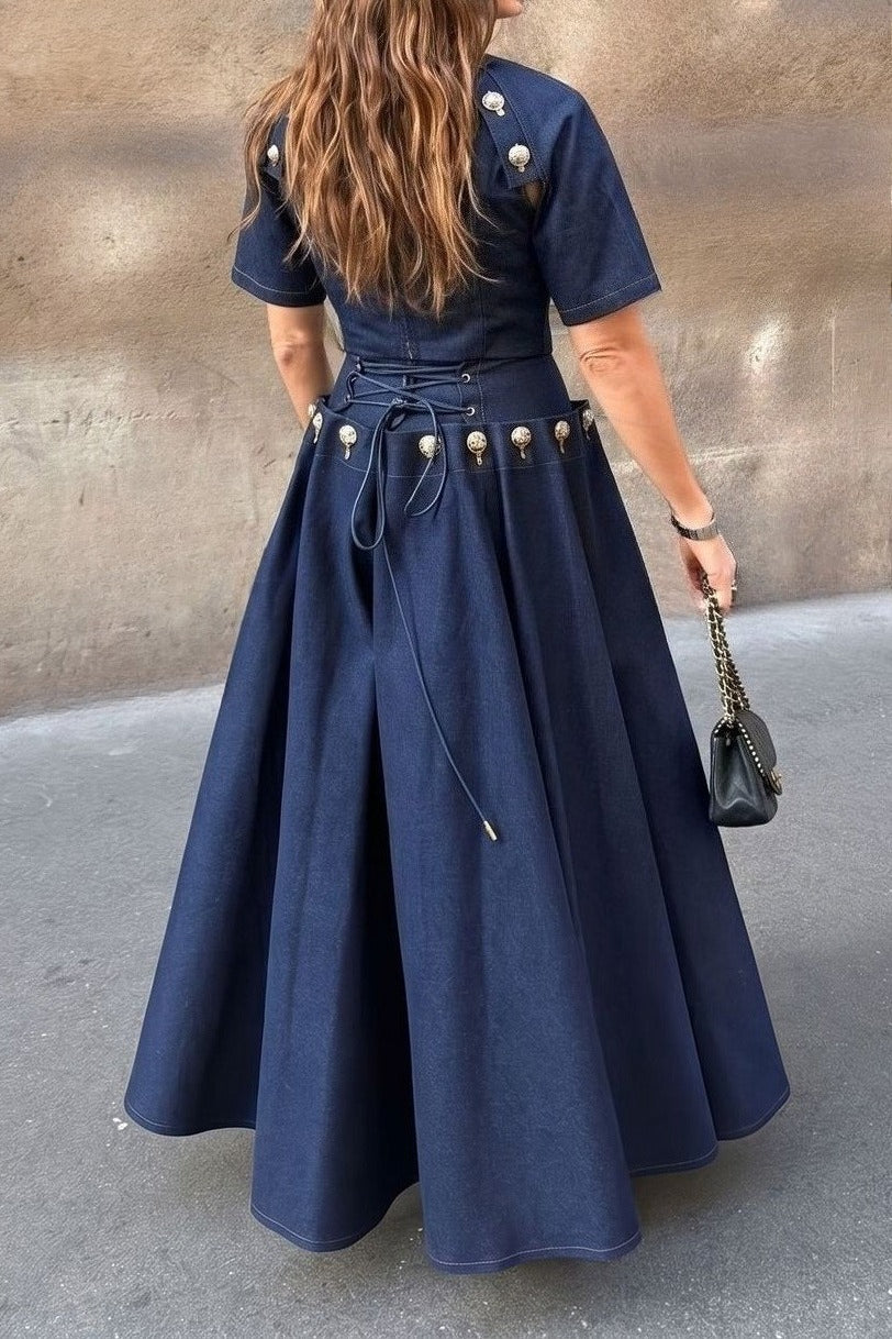Statement Button Denim Top & Skirt Set