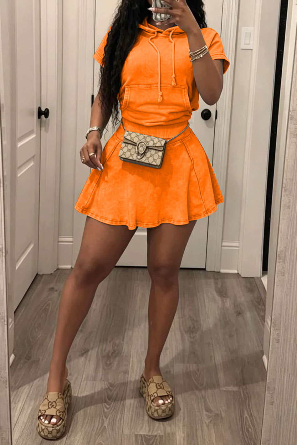 Mineral Wash Short Sleeve Hoodie & Skater Skirt Set