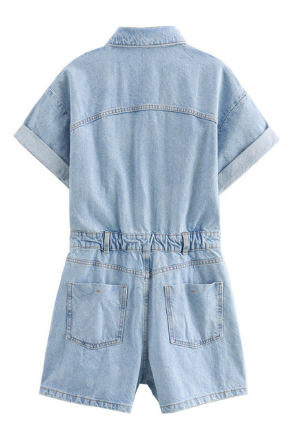 Denim Short Sleeve Romper with Pockets