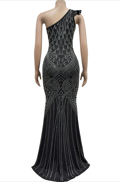 One-Shoulder Rhinestone Maxi Dress