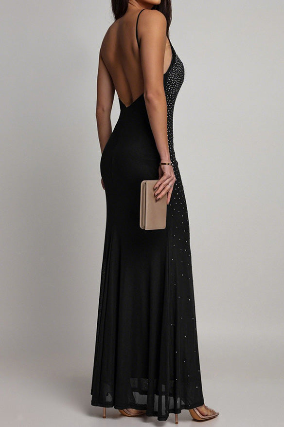 Rhinestone and Pearl Mesh Mermaid Maxi Dress