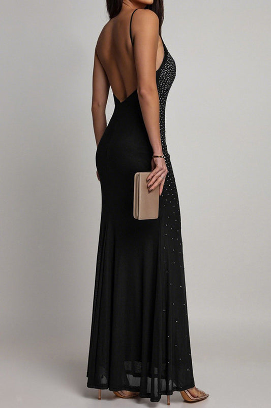Rhinestone and Pearl Mesh Mermaid Maxi Dress