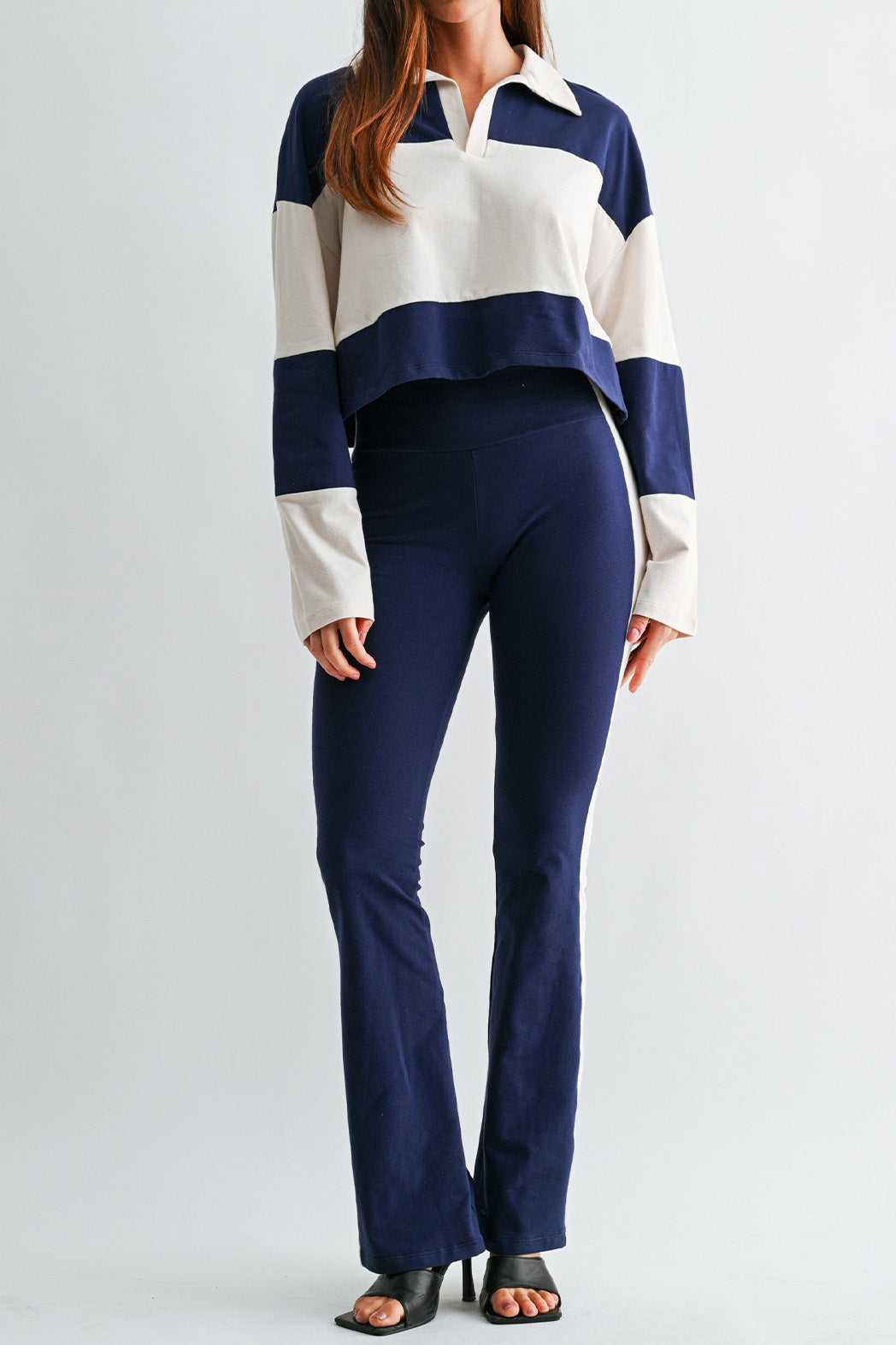 Colorblock Polo Top & Flare Pants Set