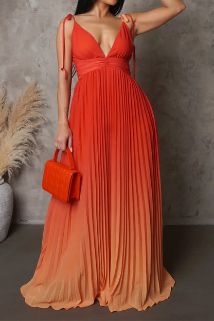 Sleeveless V-neck Pleated Maxi Dress