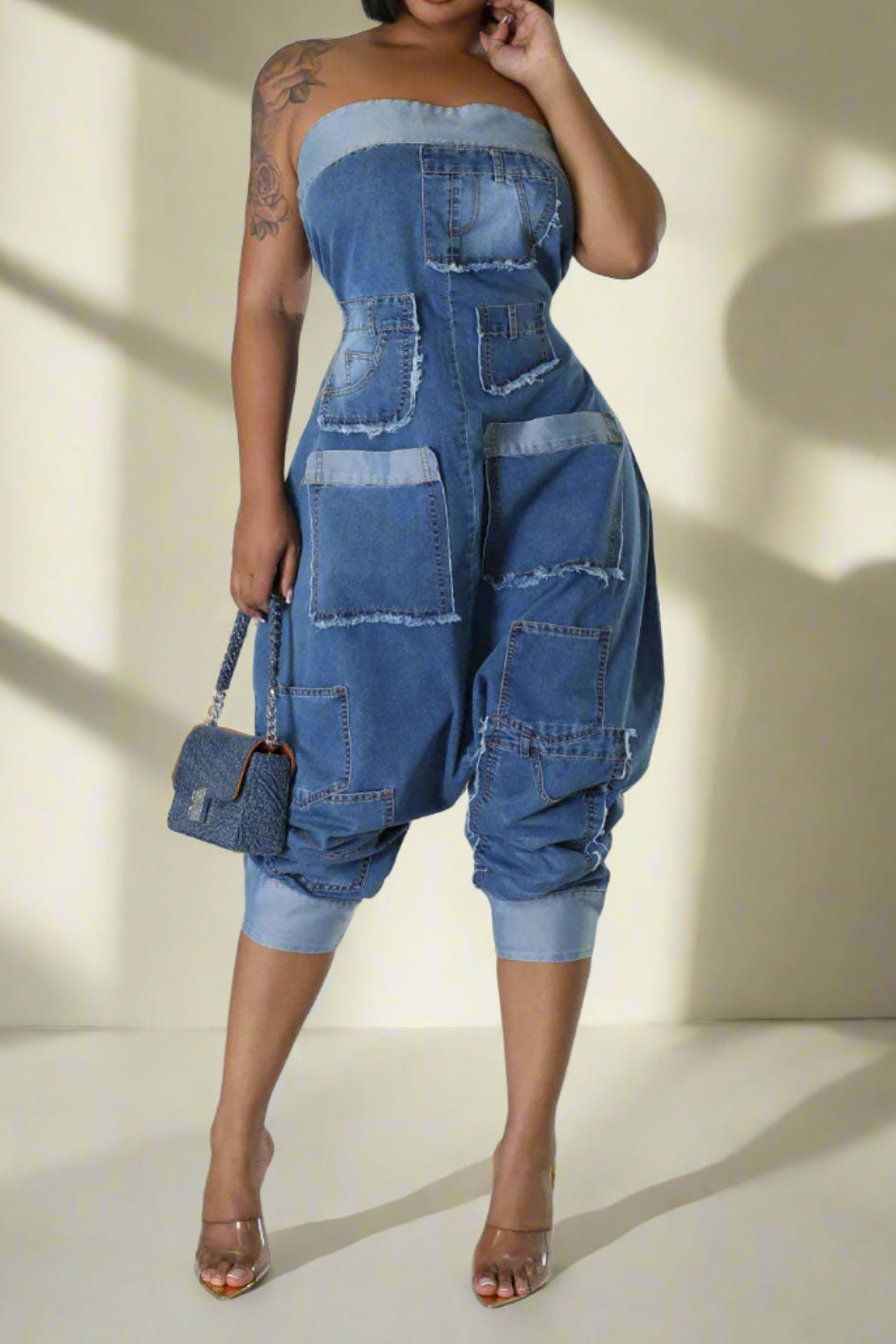 Denim Patchwork Bandeau Jumpsuit