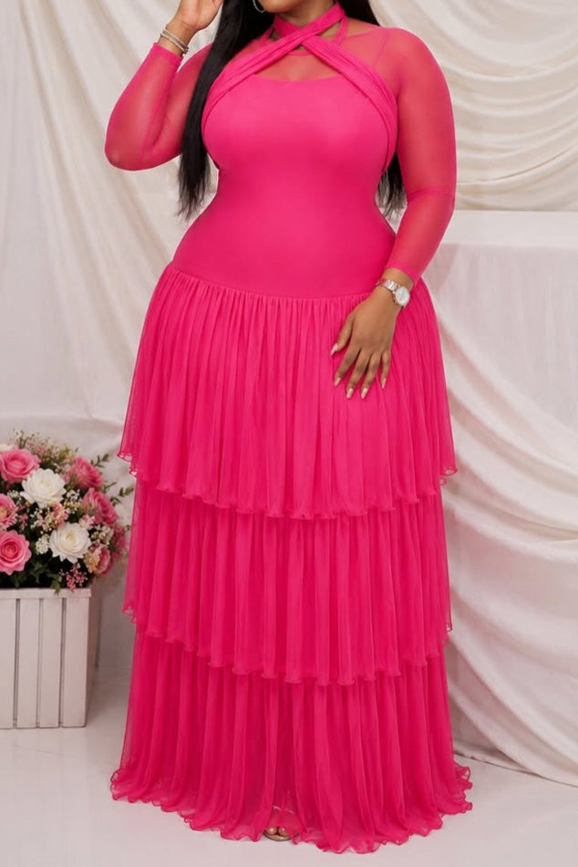 Plus Size Sheer Tiered Mesh Maxi Dress