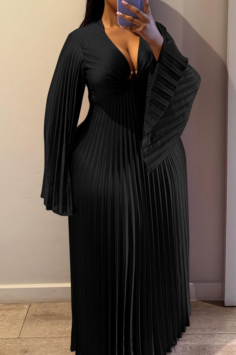 Plus Size V-Neck Pleated Flare Sleeve Maxi Dress