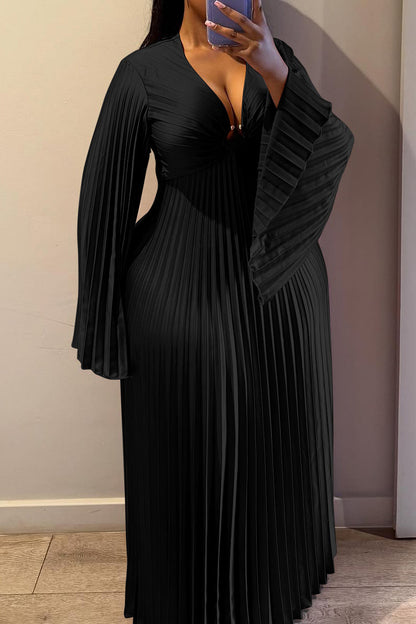 Plus Size V-Neck Pleated Flare Sleeve Maxi Dress