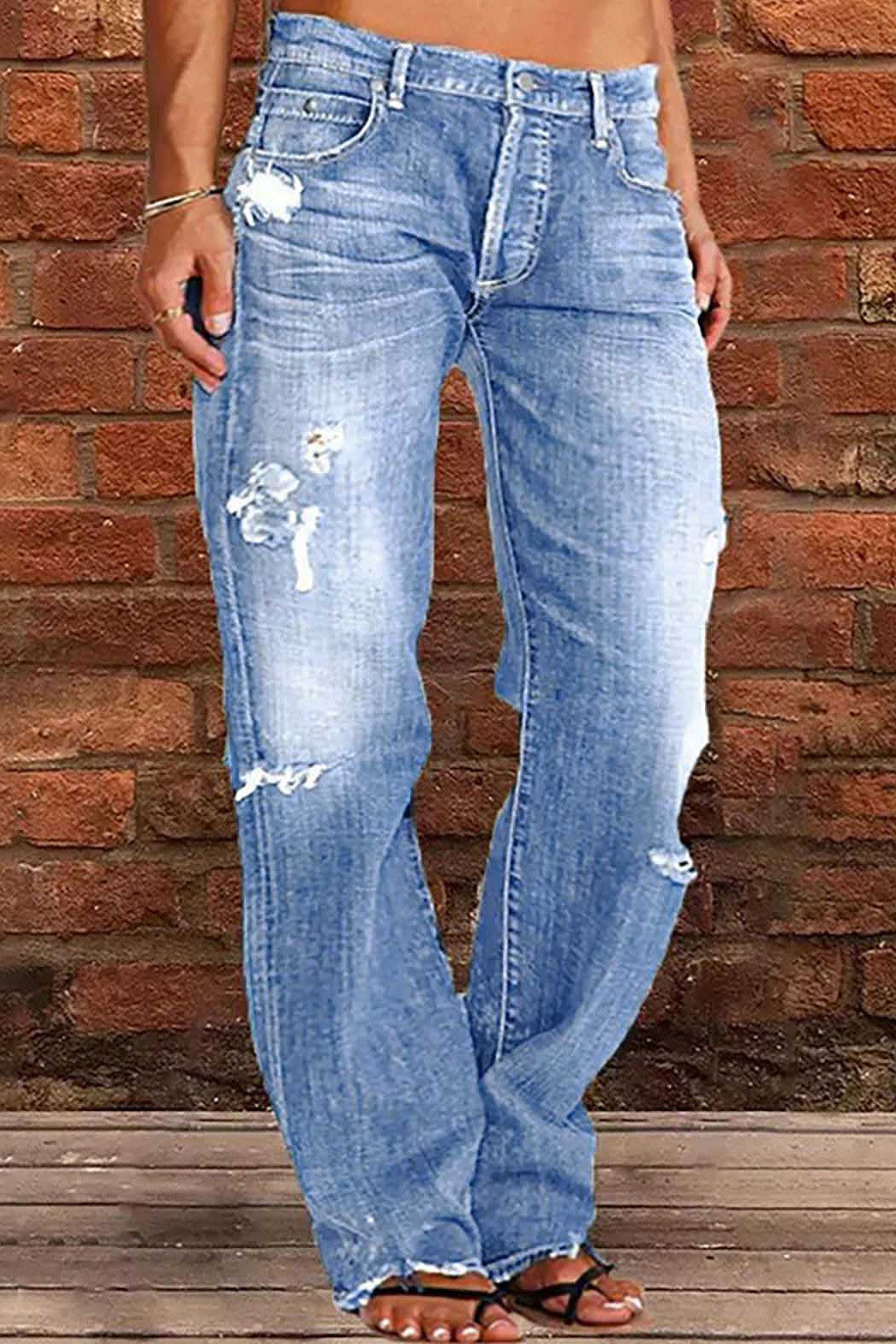 Distressed Mid-Rise Straight Leg Jeans