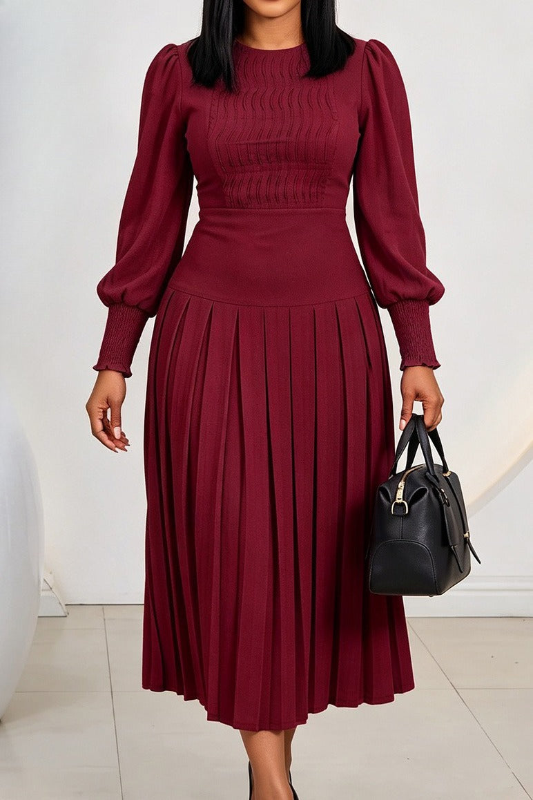 Smocked Puff Sleeve Pleated Midi Dress