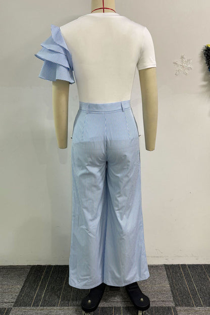 Single Ruffle Sleeve T-Shirt Striped Pants Set