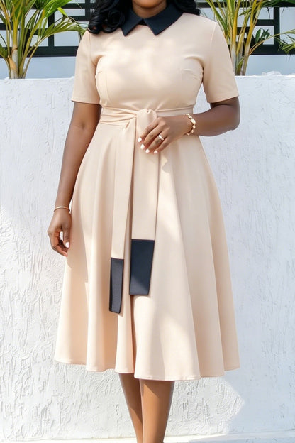 Contrast Collar Tie-Waist A-Line Midi Dress