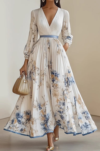 V Neck Floral Long Sleeve A Line Maxi Dress