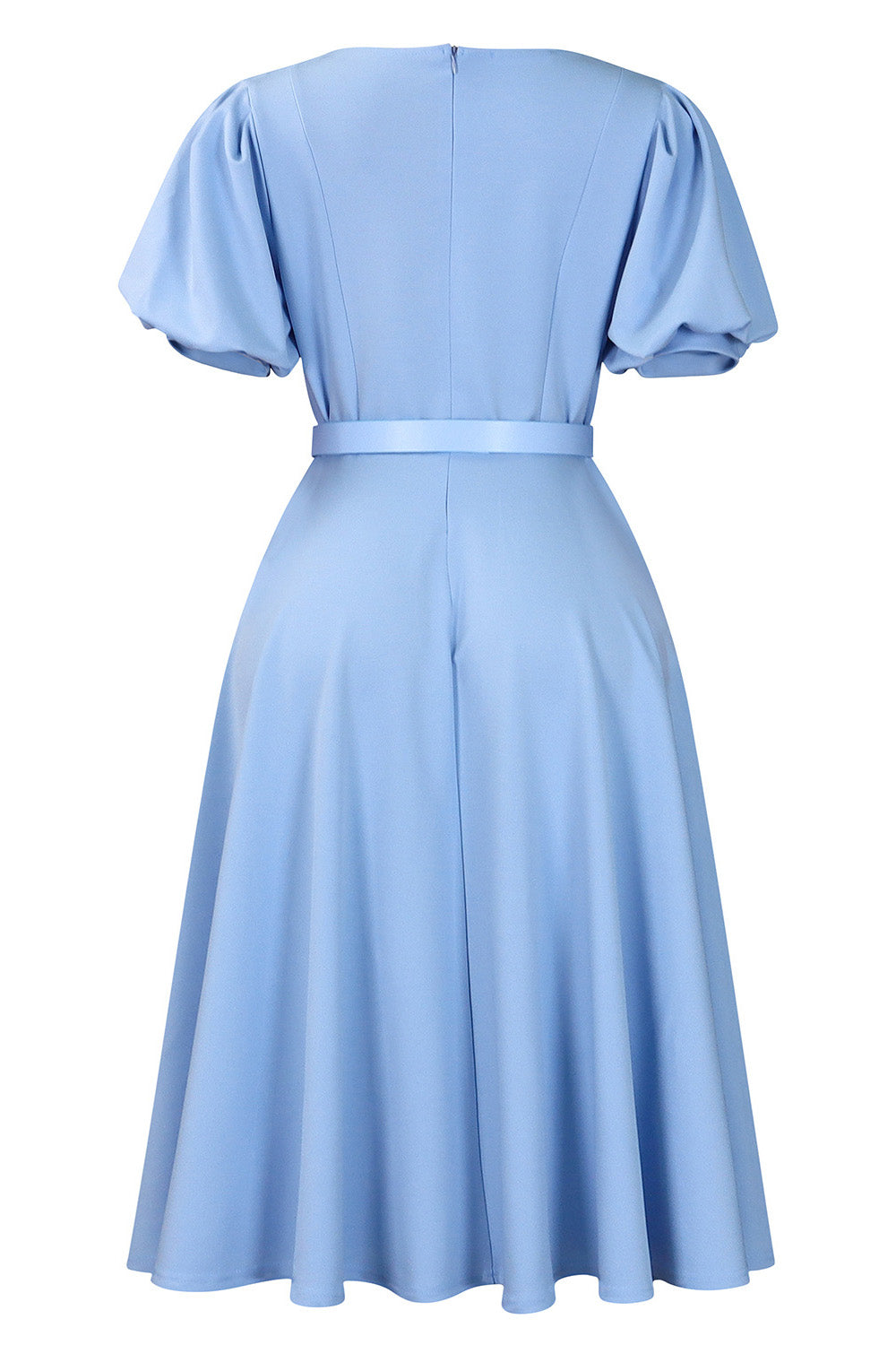 Puff Sleeve High Waist Solid Round Neck Dress