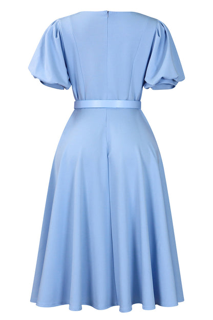 Puff Sleeve High Waist Solid Round Neck Dress