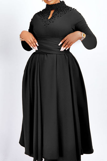 High Collar Elegant Beaded Large Swing Dress