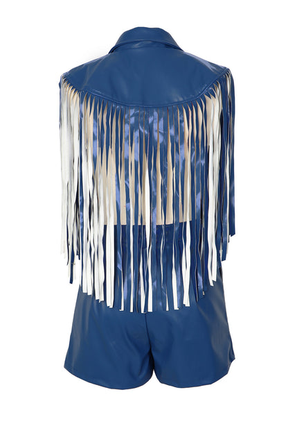 Fringed Faux-Leather Blazer & Shorts 2-Piece Set