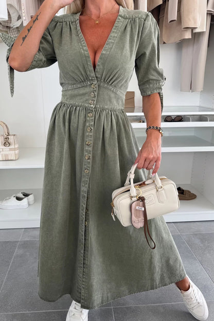 Single-Breasted V-Neck Denim Dress