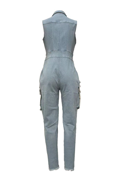 Sleeveless Tummy Control Zip Up Lapel Jumpsuit