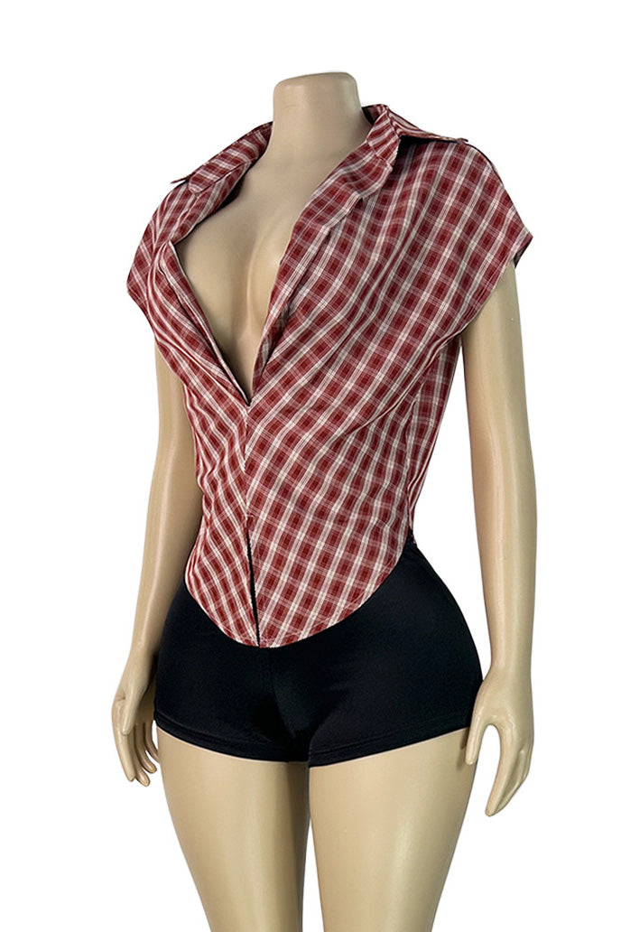 Plunge V-Neck Plaid Pointed Hem Top