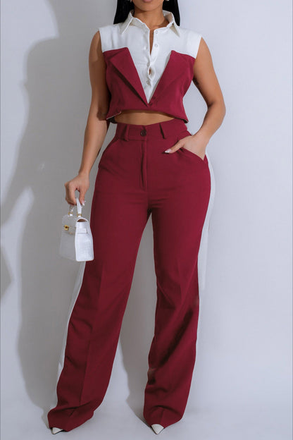 Patchwork Button Tie Back Top And Trousers Set