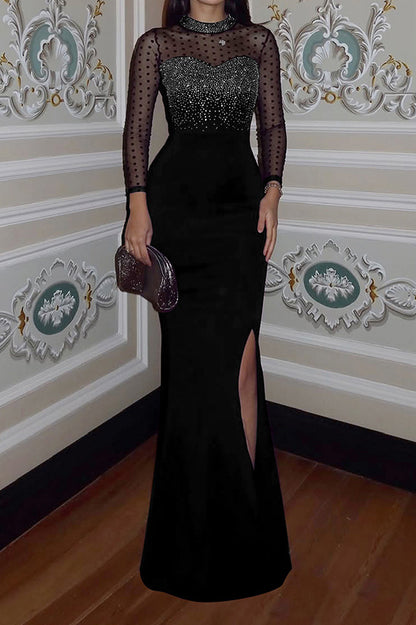 Rhinestone Mesh Sleeve Mermaid Maxi Dress