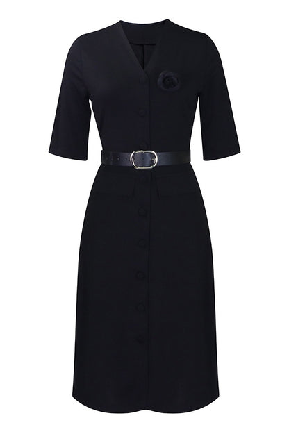 V-Neck Button Front Solid Color Midi Dress