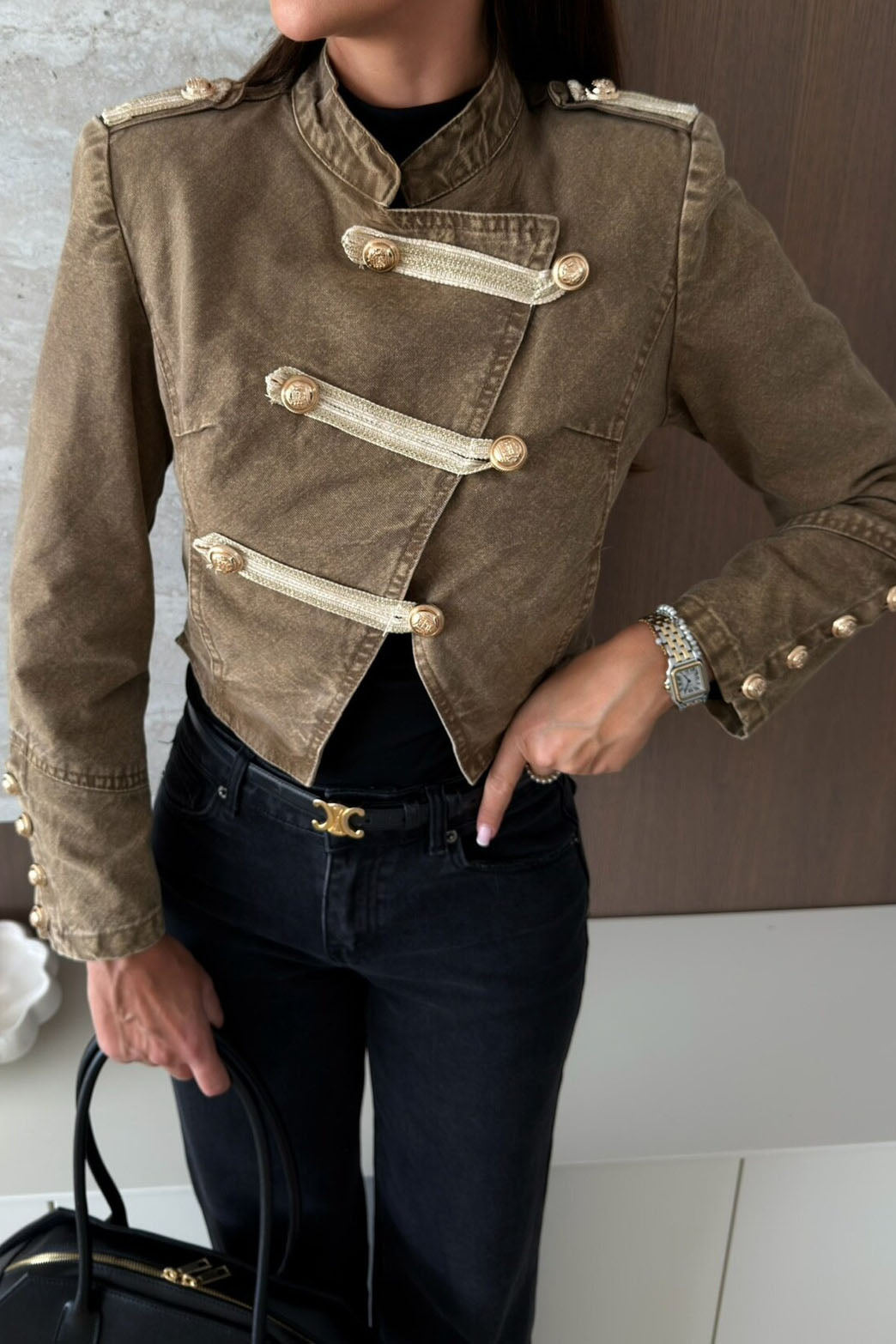 Cropped Military Jacket with Metal Button Detail