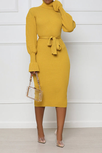 Rib Knit Tie Waist Midi Dress
