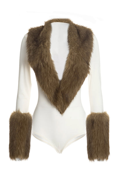 Plush-Trim Deep V Long-Sleeve Bodysuit