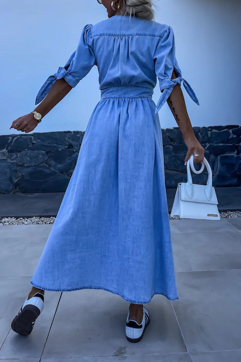 Single-Breasted V-Neck Denim Dress