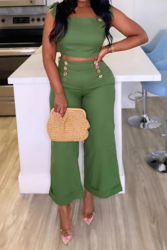 Ruched Tie-Strap Top & Wide Leg Pants Set