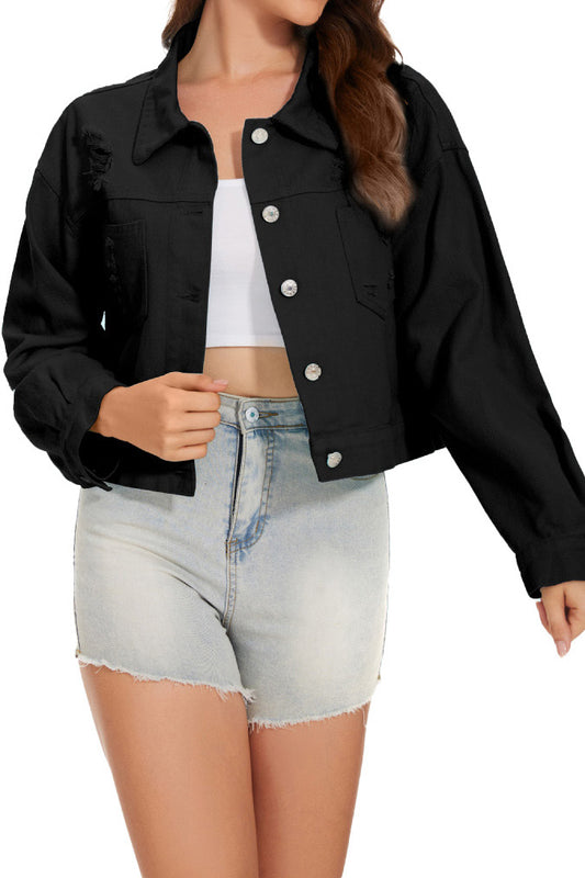 Distressed Button-Up Cropped Denim Jacket