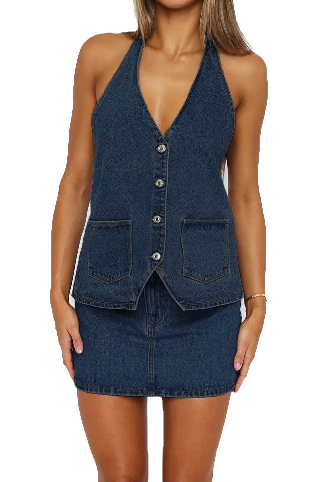 Buttoned Halter Neck Denim Long Top