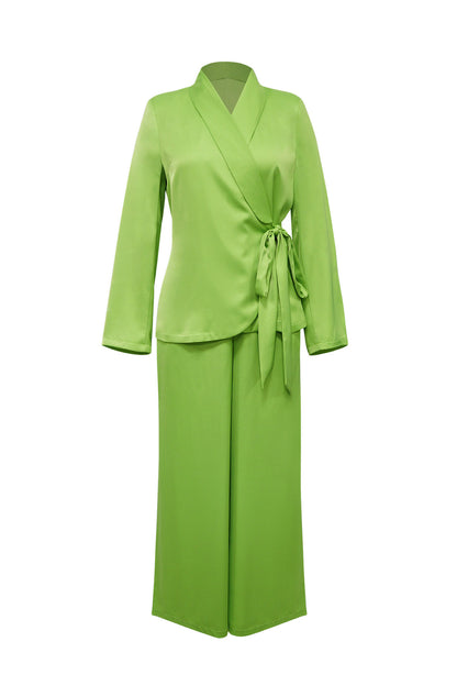 Plunging Wrap Tie Top & Wide Leg Pant Set