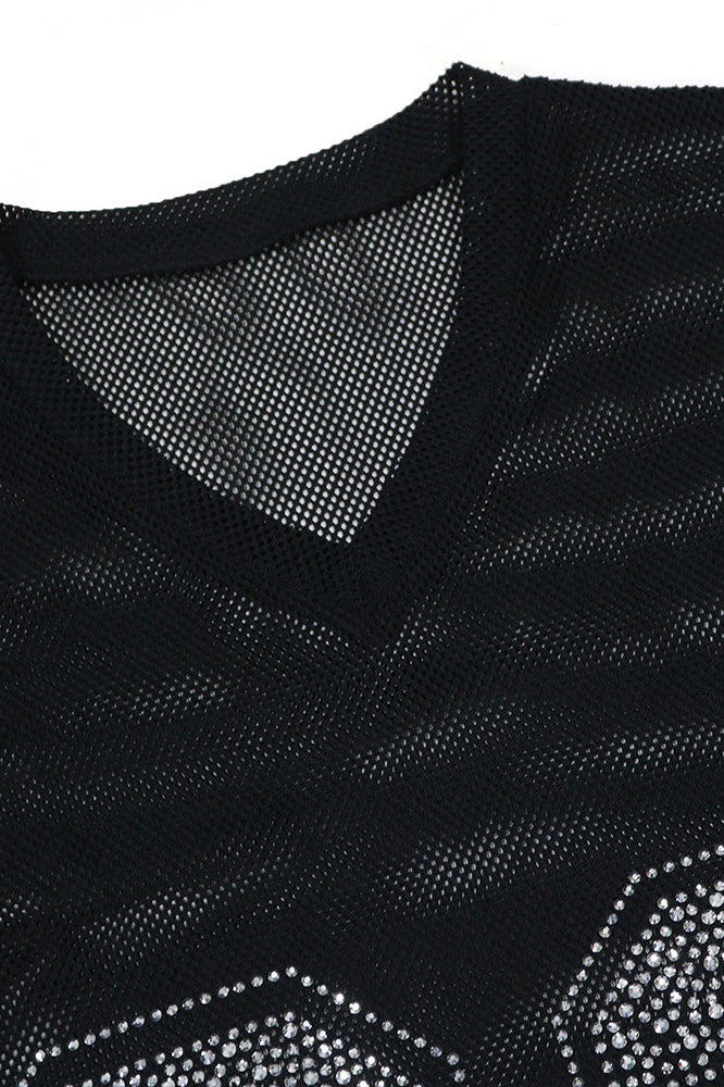 Sheer Mesh Split Rhinestone Top