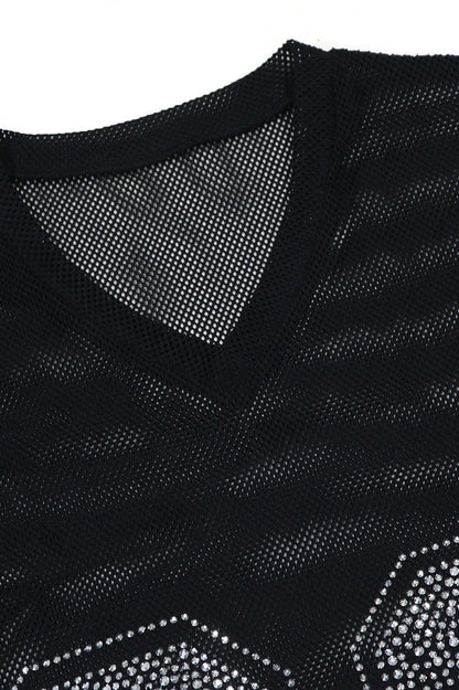 Sheer Mesh Split Rhinestone Top