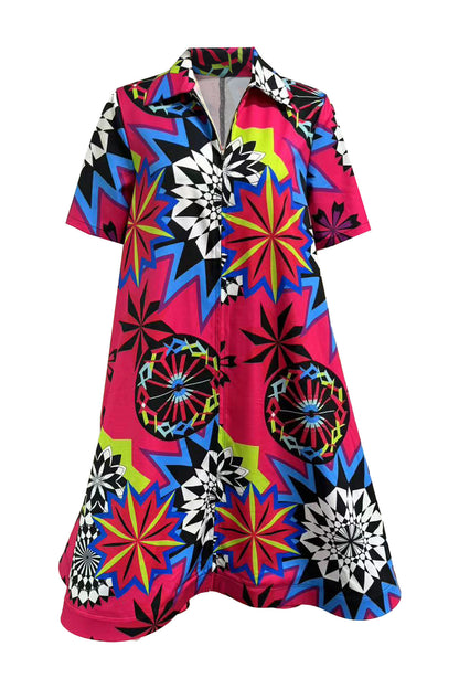 Floral V-Neck Short Sleeve Zip Dress