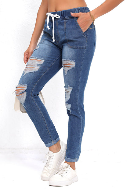Drawstring Waist Ripped Roll Up Hem Skinny Jeans