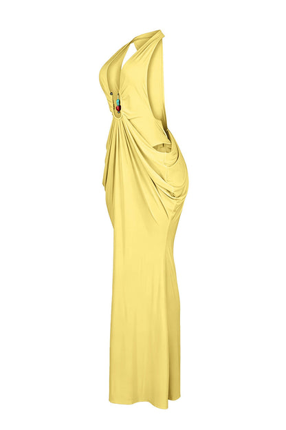 Plunging Halter Beaded Cutout Maxi Dress