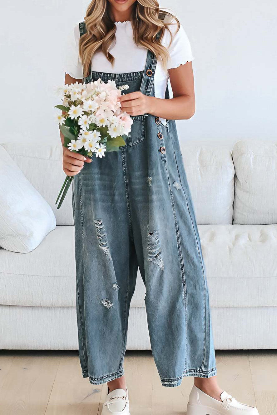 Loose Fit Distressed Denim Overalls