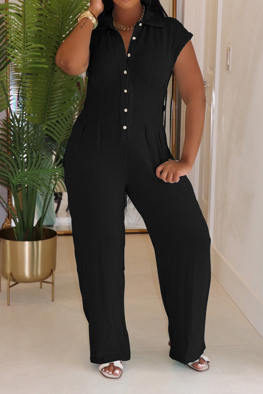 Striped Button-Up Sleeveless Jumpsuit