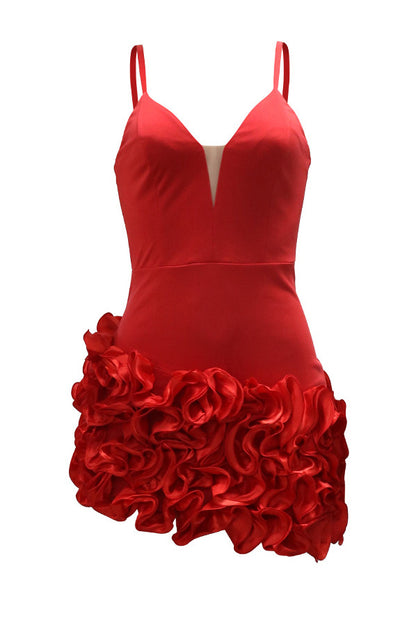 Plunging 3D Ruffle Asymmetrical Mini Dress