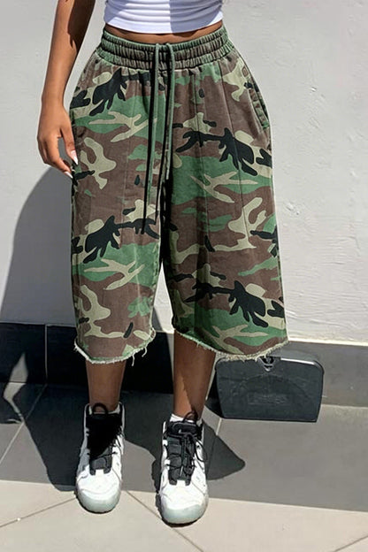 Baggy Drawstring Raw Hem Camo Shorts