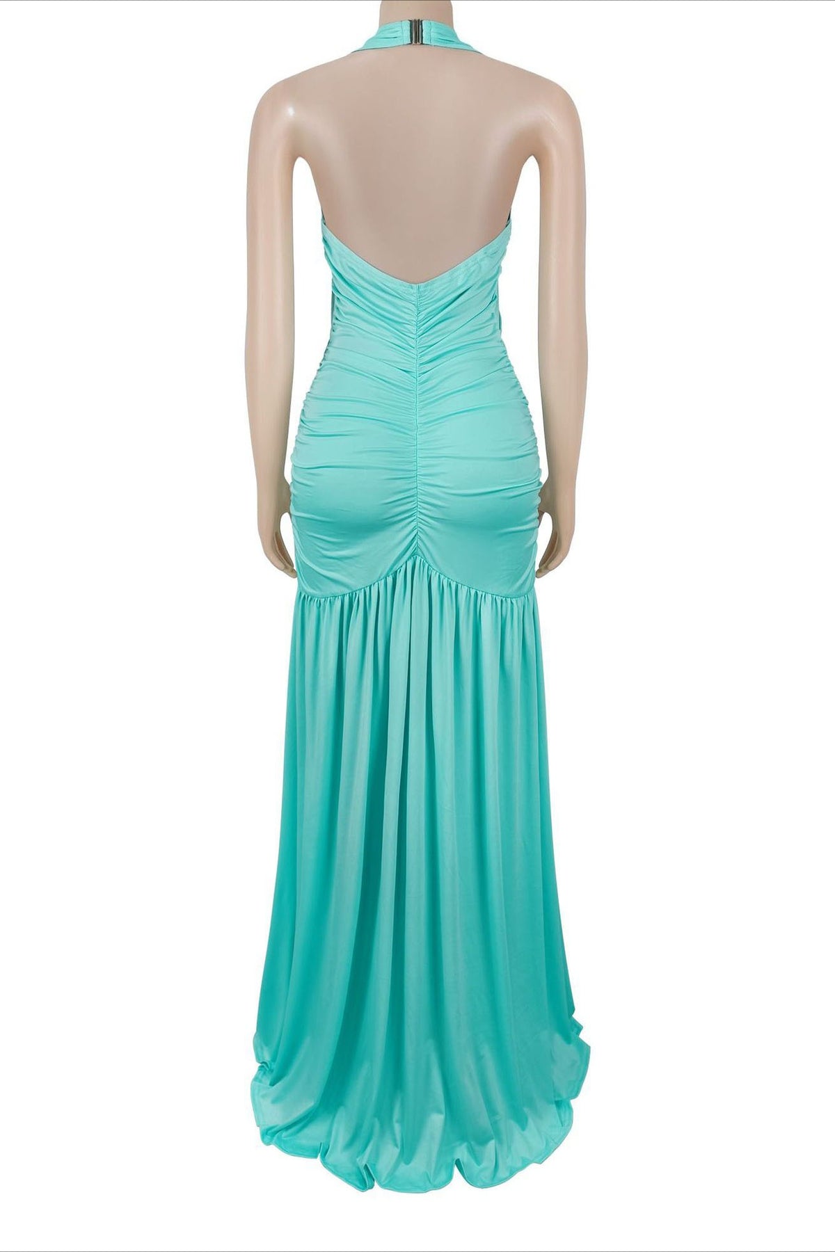Plunging Halter Ruched High Slit Maxi Dress