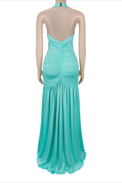 Plunging Halter Ruched High Slit Maxi Dress