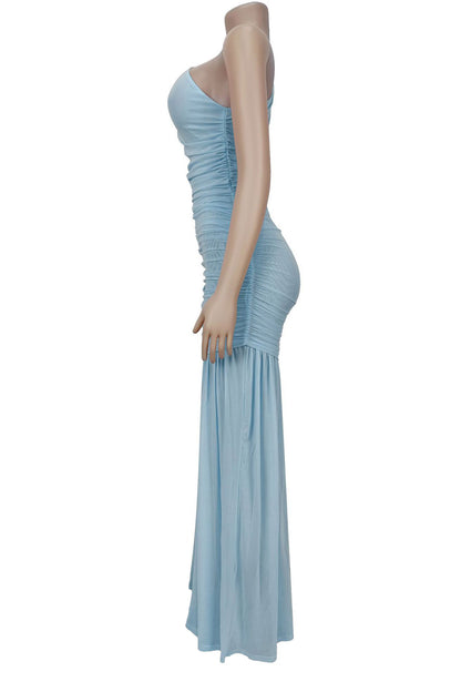 One-Shoulder Ruched Mesh Maxi Dress