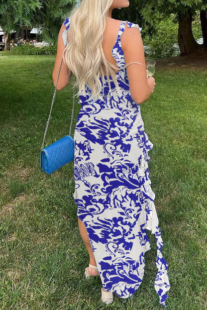 Long Strapless Dress With Slits and Tropical Print